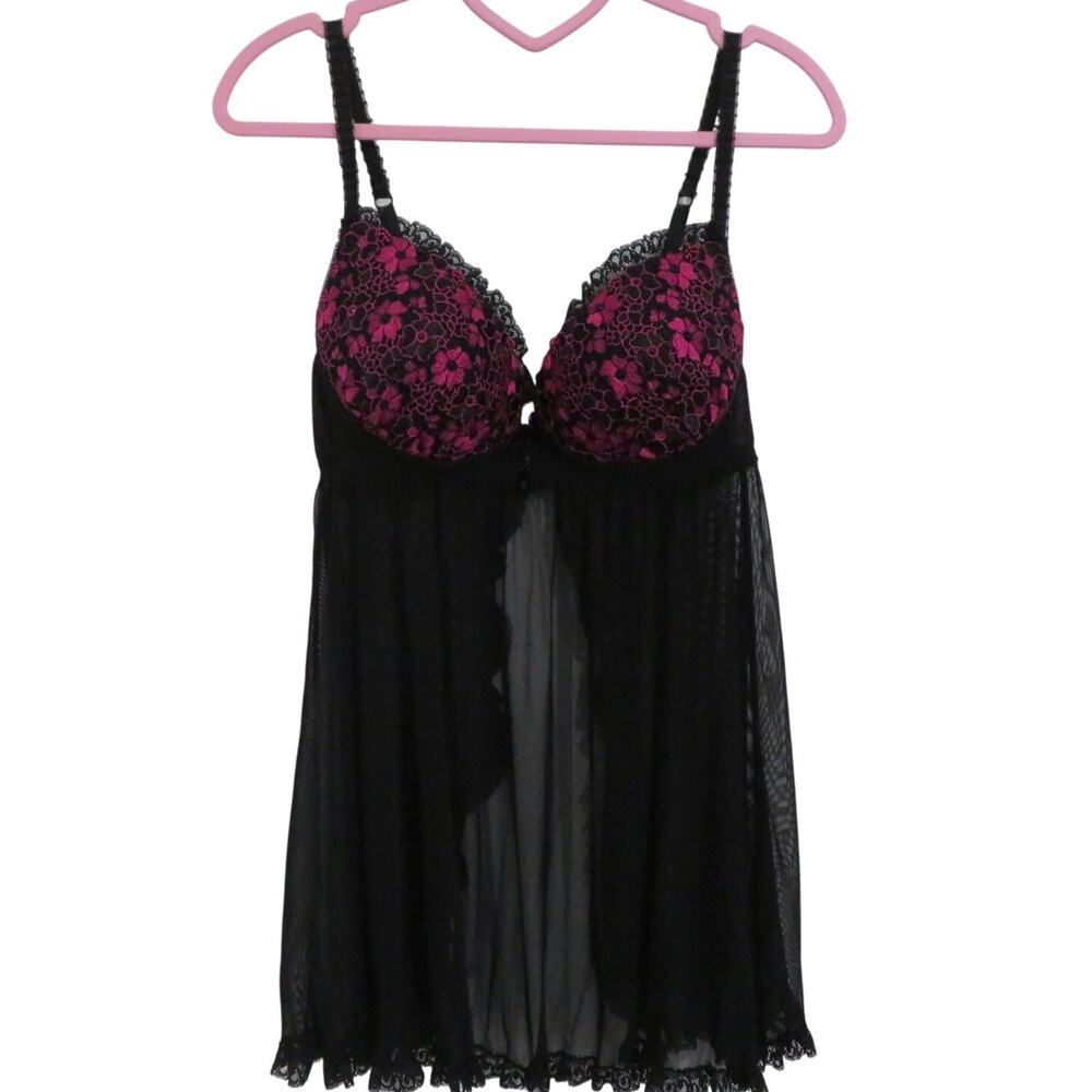 Seductivewear Cinema Etoile Sz M Black Magenta Sheer Floral Nightie Push Up Lace